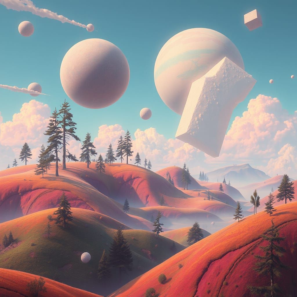 Surreal Landscape with Floating Spheres and Cubes