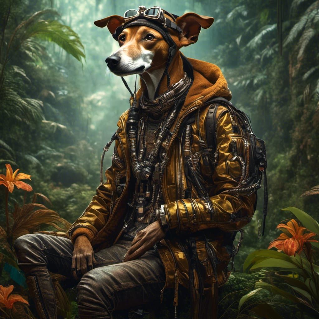 Greyhound Jungle Explorer with Monkey in Cyberpunk Style