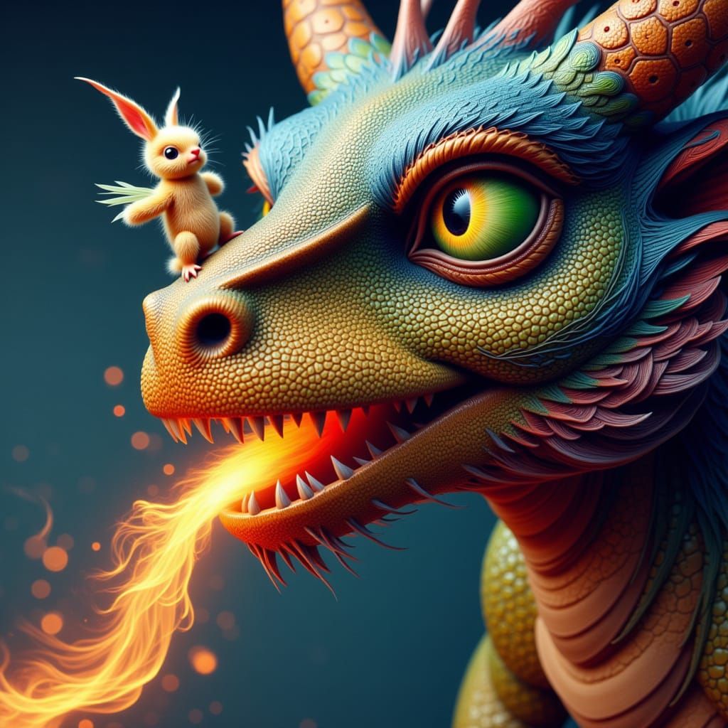 Dragon's Fiery Breath Meets Tiny Rainbow Creature