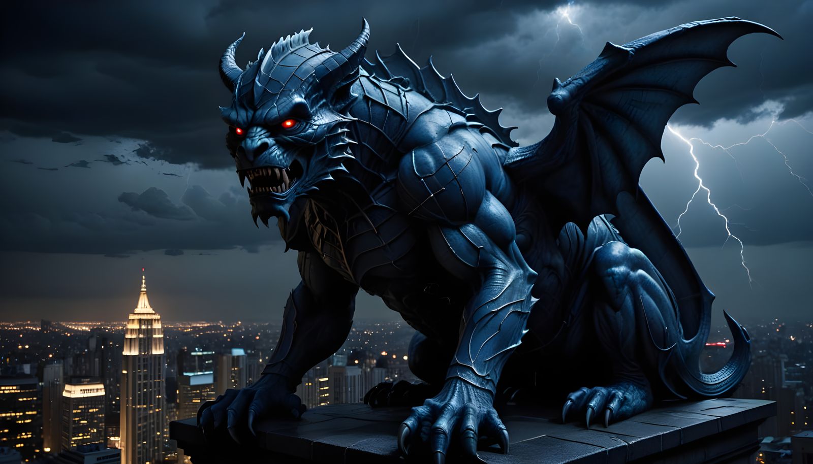 Gargoyle Silhouetted Against Electric Stormy Night Sky