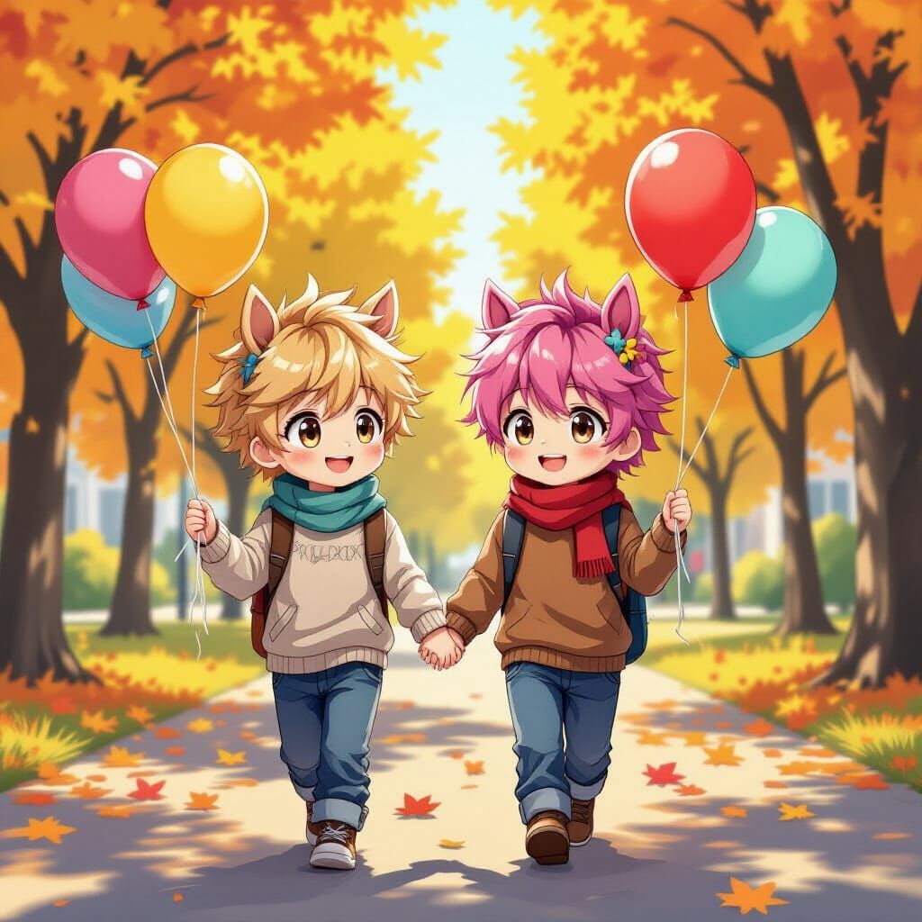 Anime Boys with Horse Ears in Windy Park