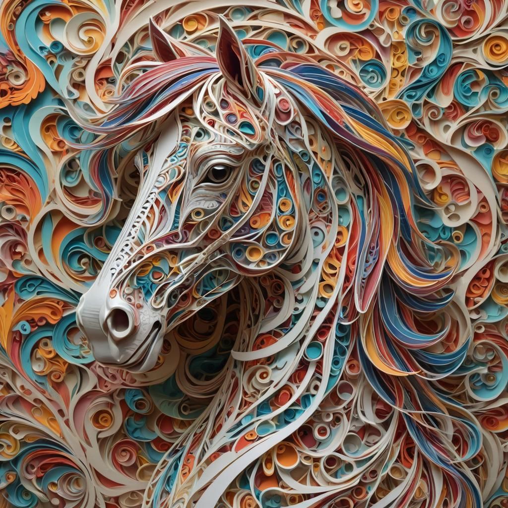 Colorful Kirigami Horse Bust with Abstract Fractals