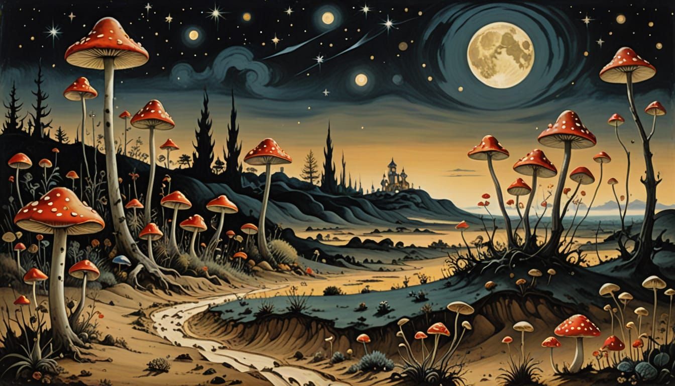 Ethereal Surrealist Landscape with Towering Toadstools and L...
