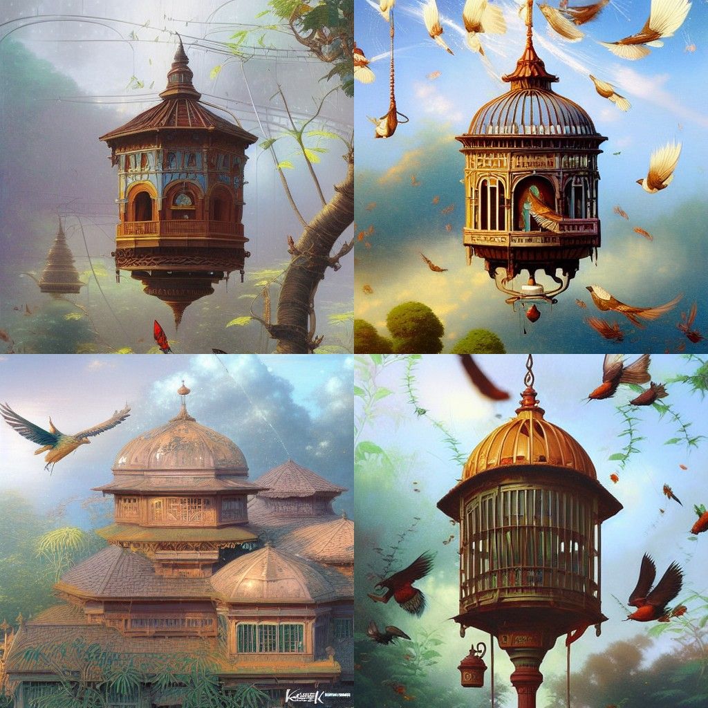 Intricate Kelantanese Bird Cages in Digital Art Style