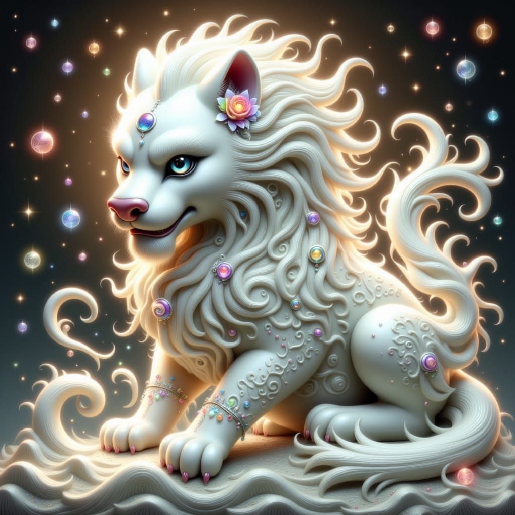 Majestic White Lioness in Dreamy Mystical Landscape
