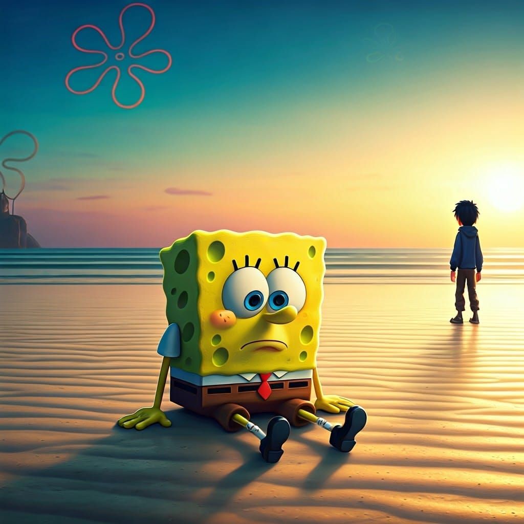 SpongeBob's Lonely Sunset: Disney-Pixar Style Digital Art