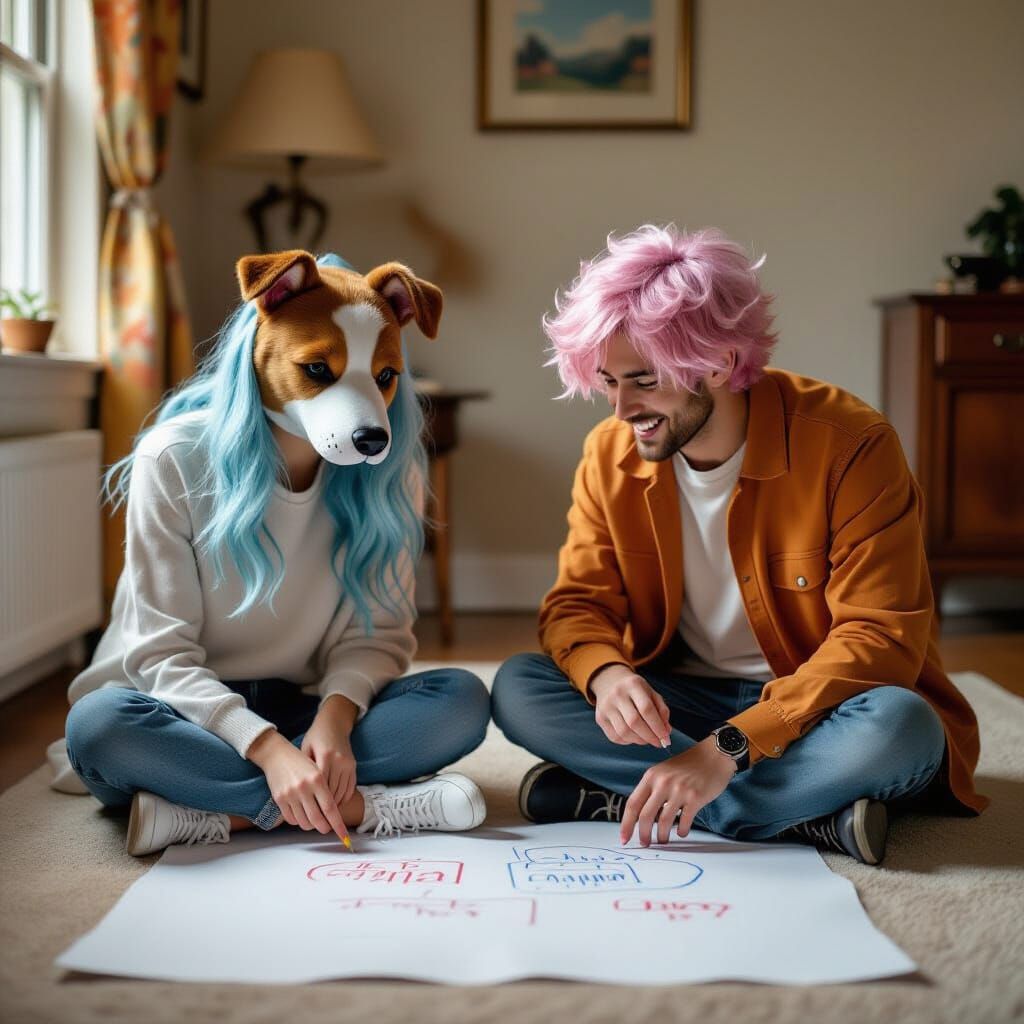 Elena and Luca Drawing with Dog Mask, Cinematic Style