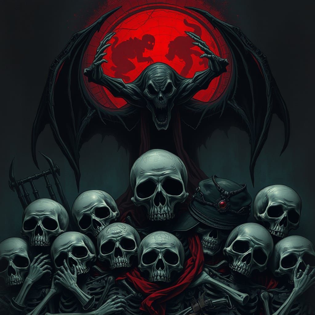 Ominous Military Scene with Skulls and Skeletons