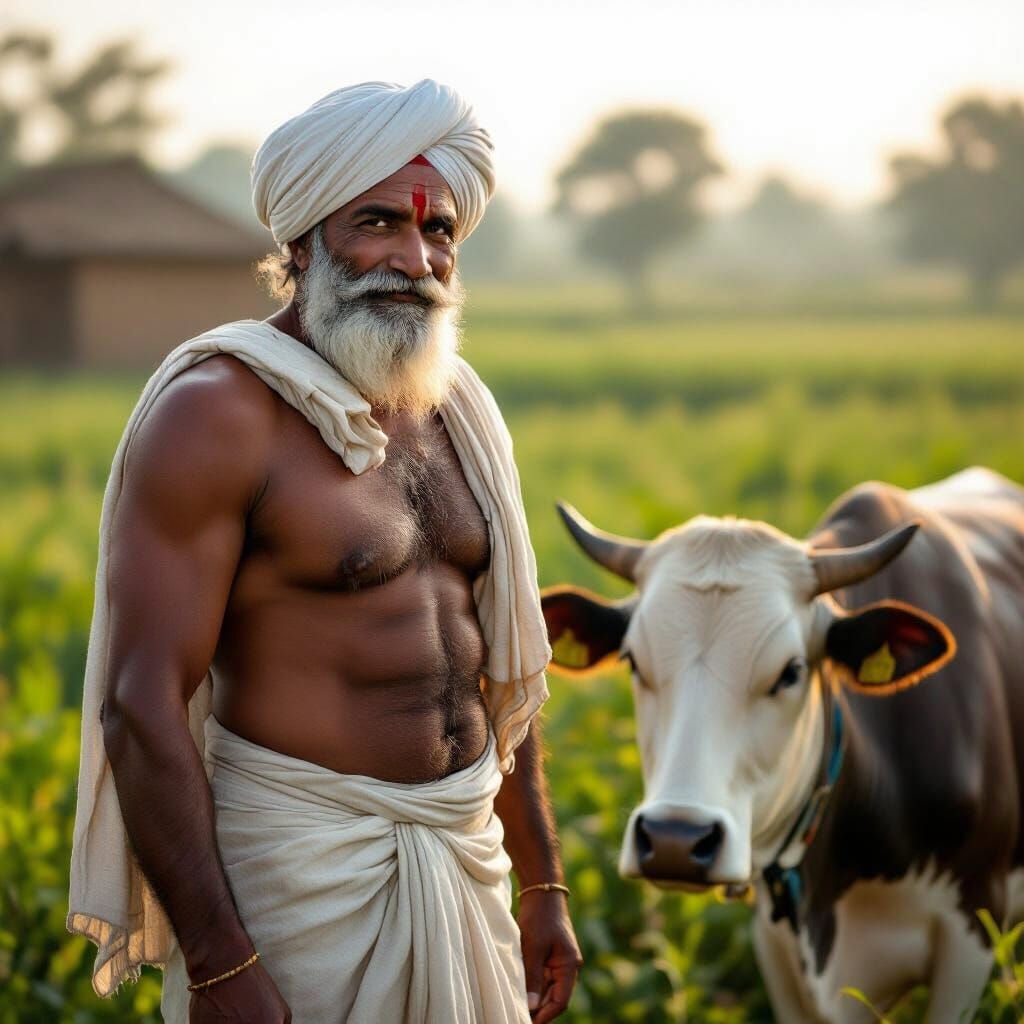 Elderly Indian Farmer with Cow in Serene Rural Field