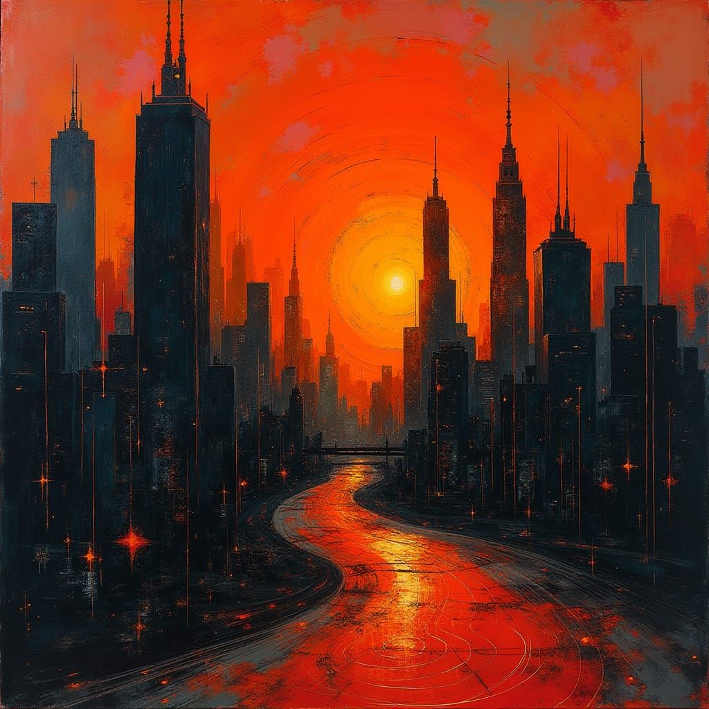 Hyper-Realistic Cityscape at Dusk in Avant-Garde Style
