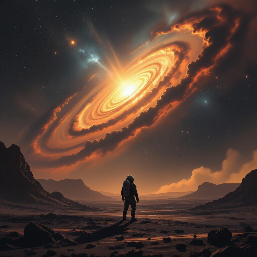 Astronaut on Alien Planet Gazing at Galaxy