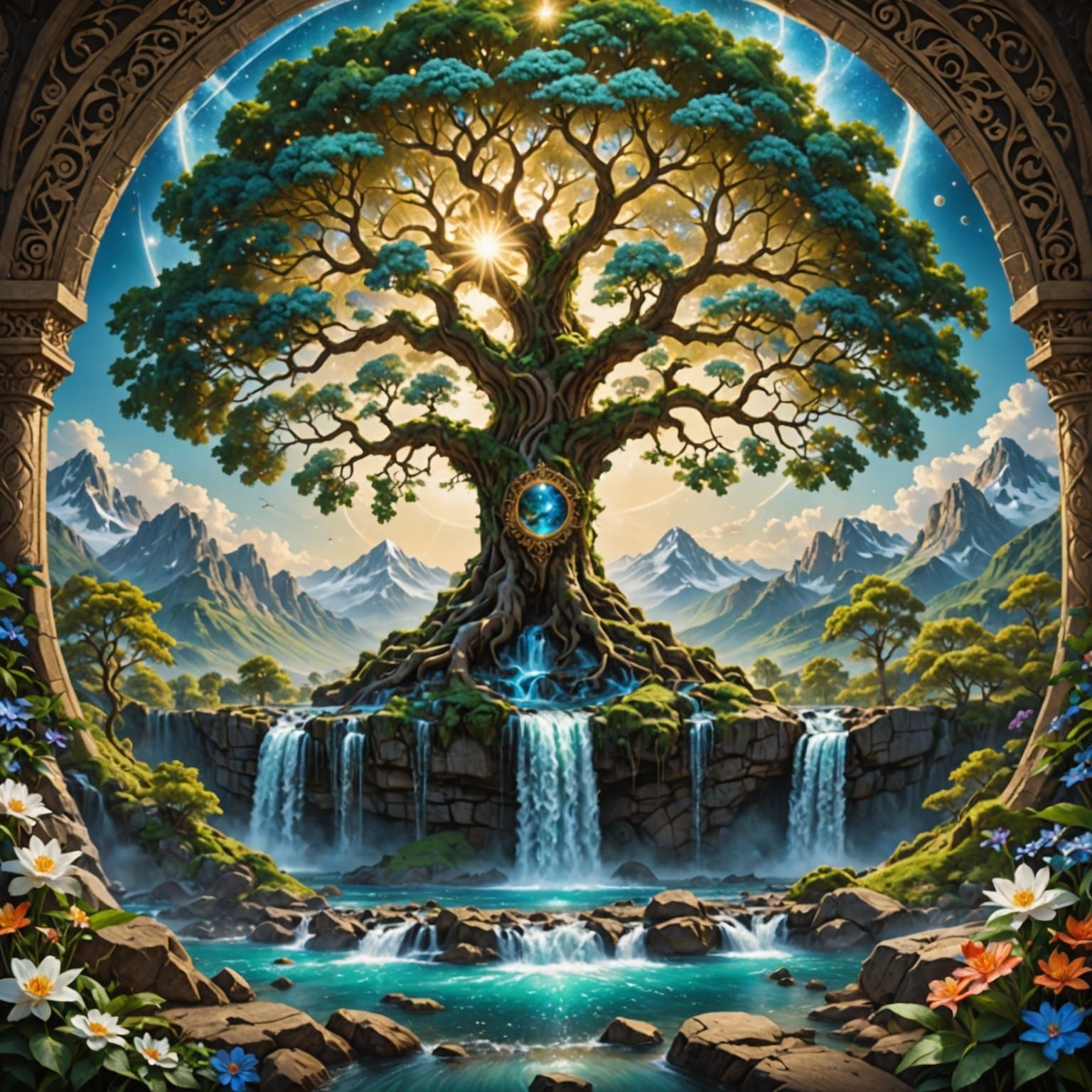 Yggdrasil Tree of Life with Waterfall