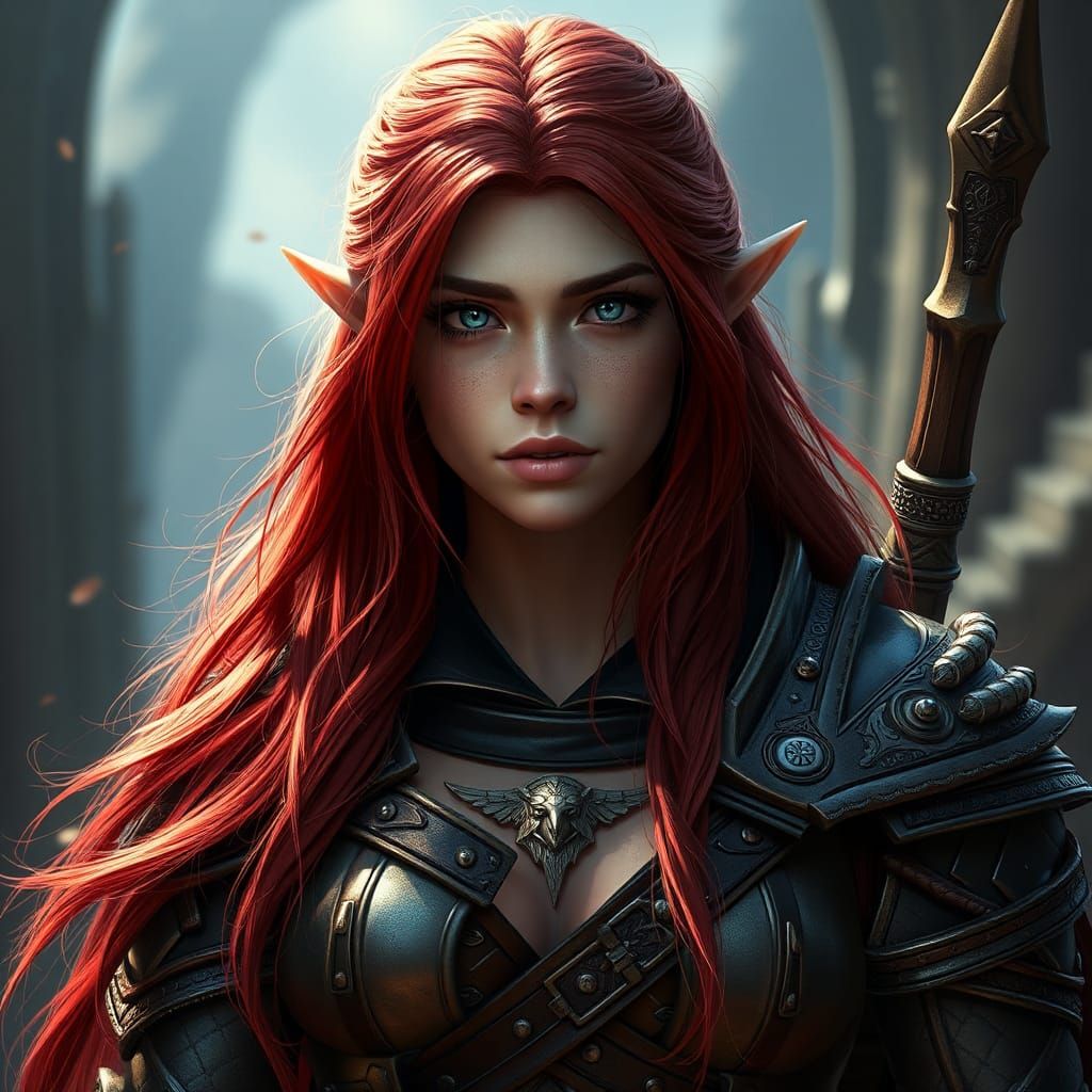 High-Elf Female Warrior in Detailed Matte Painting