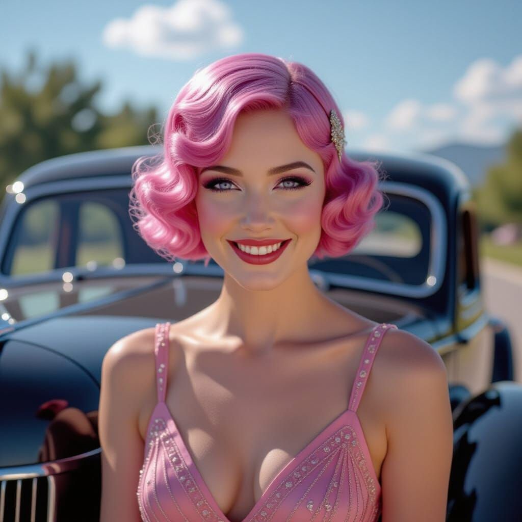 Vintage Flapper Woman Poses by Classic Car