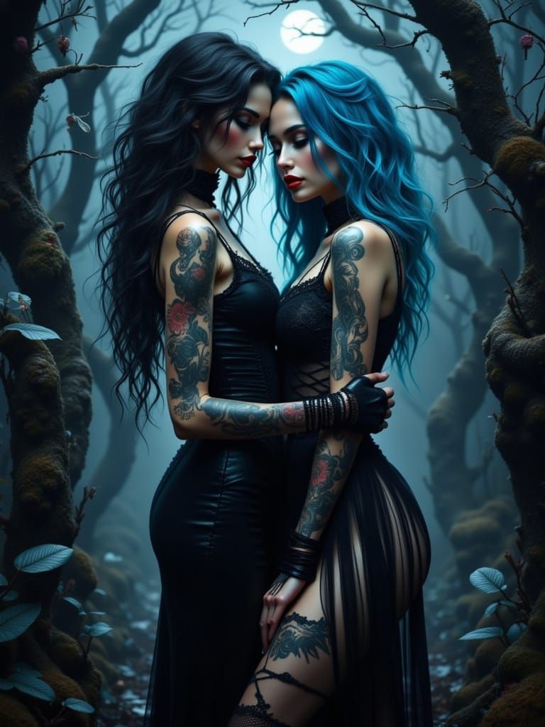 Gothic and Emo Women Embrace in Mystical Forest