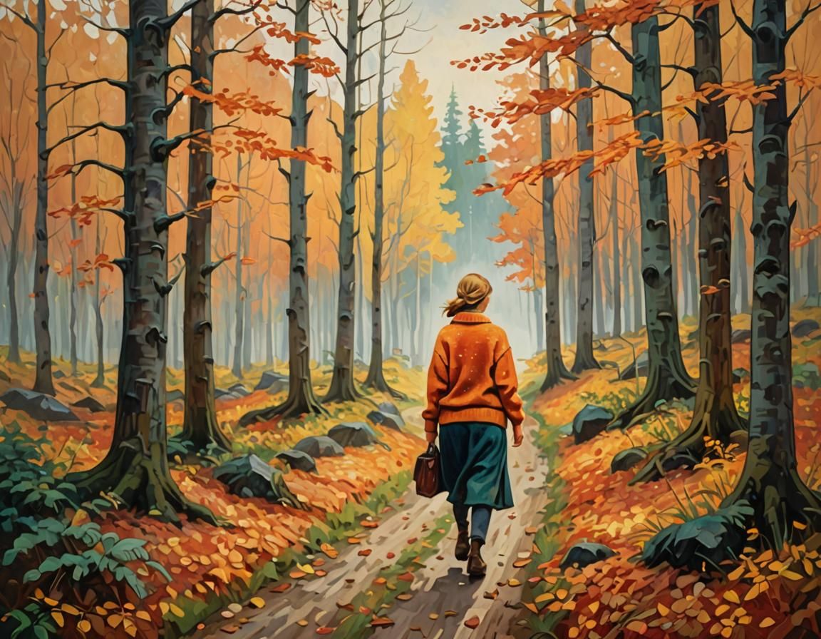 Impressionist Woman in Autumn Forest Landscape