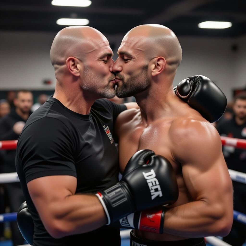 Athletic Men in Boxing Gloves Embrace and Kiss