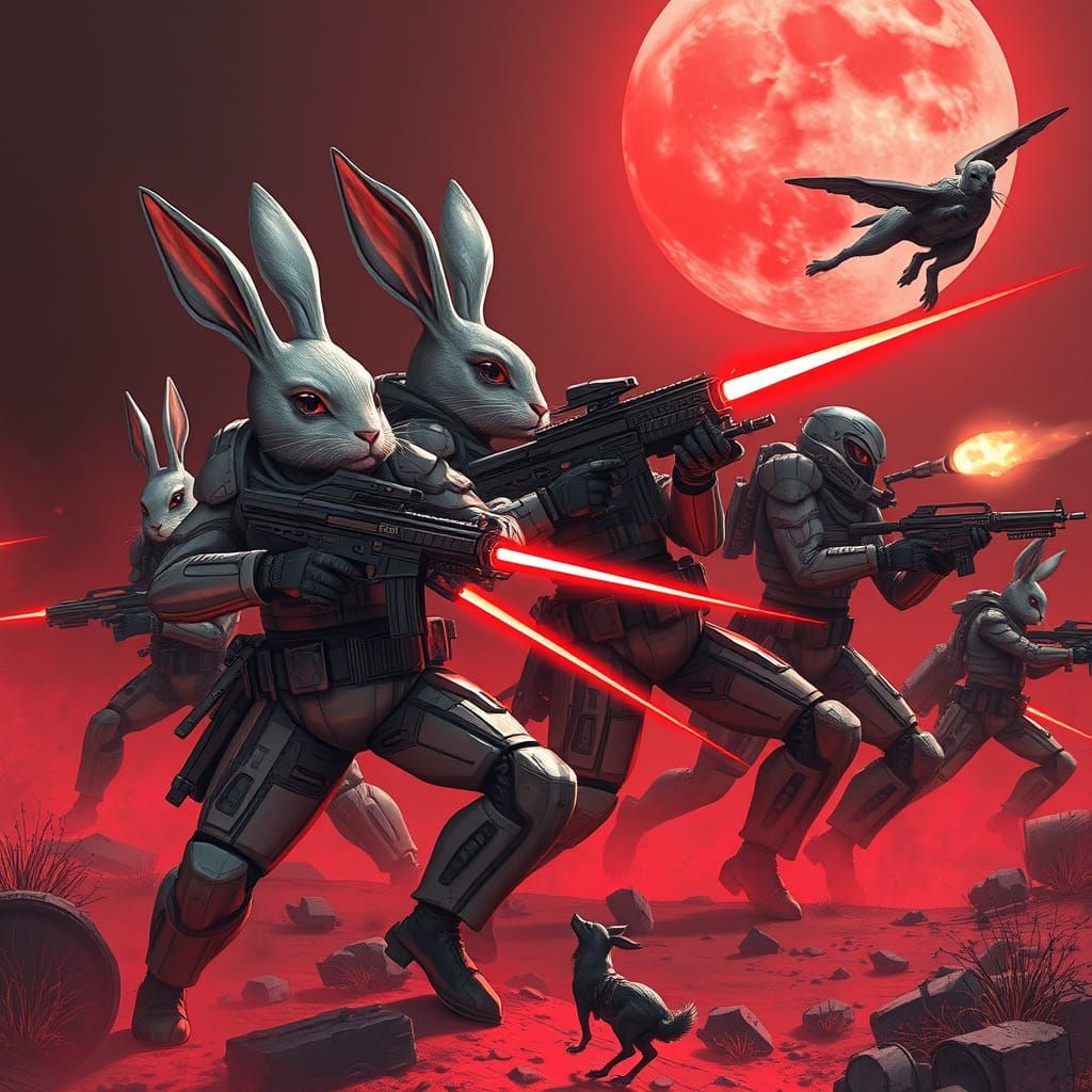 Cyberpunk Battle Scene with Rabbit Soldiers and Cat-Wolf Mec...