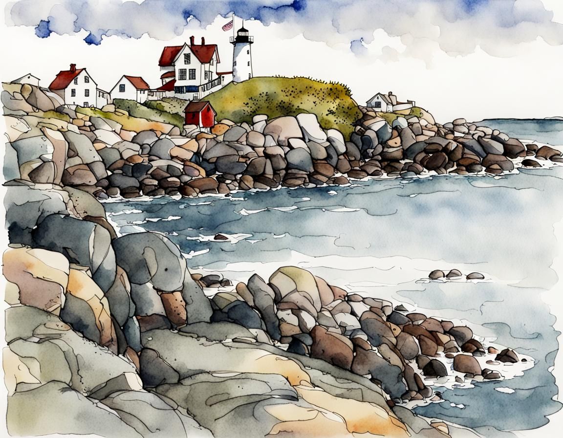Nubble Lighthouse in Maine: Quentin Blake Style