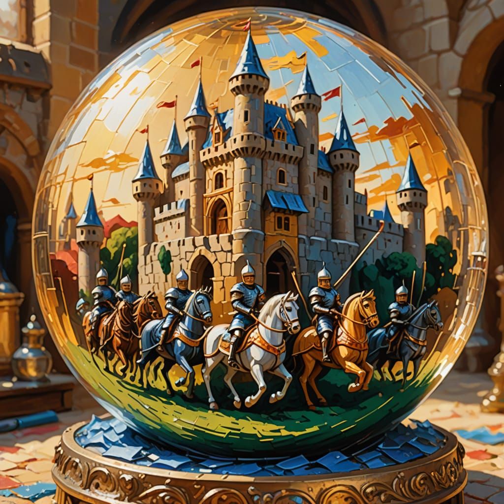 Knights Jousting in Glass Sphere: Gouache Style