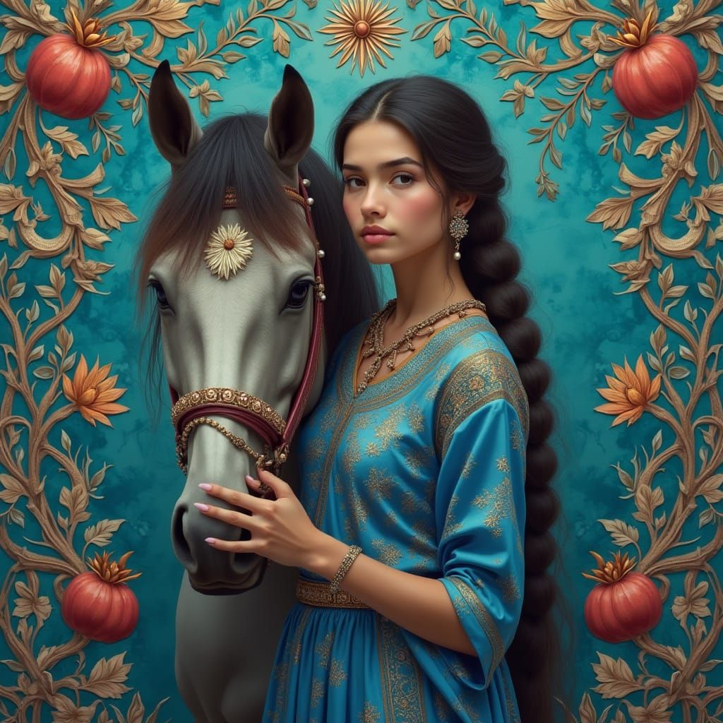 Central Asian Woman with Horse in Ornate Setting