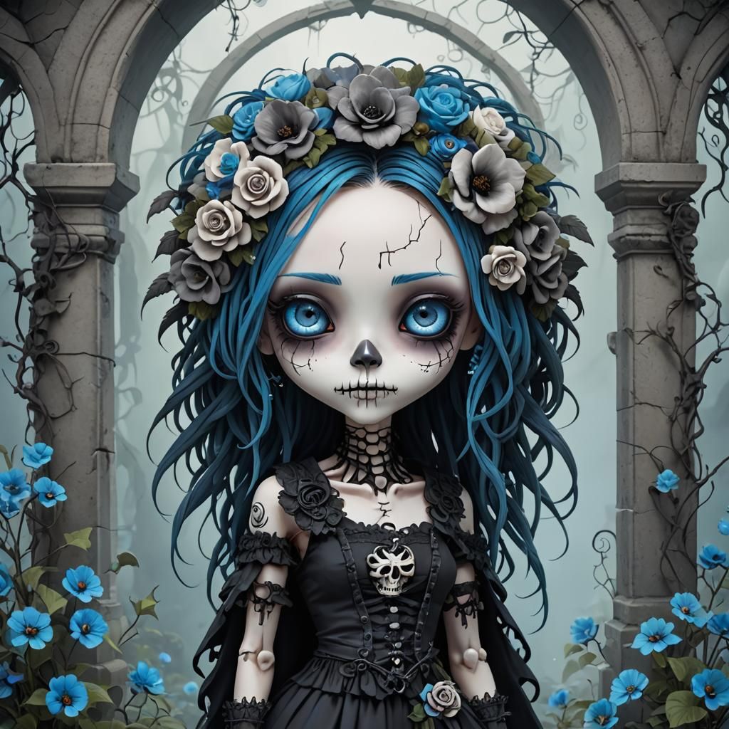 Gothic Chibi Girl with Skull Flower Face in Tim Burton Style