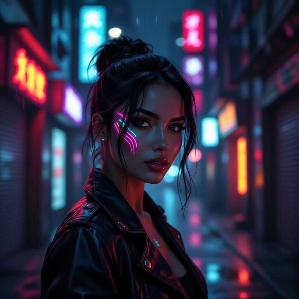 Woman's Face with Bioluminescent Tattoos in Cyberpunk Alley