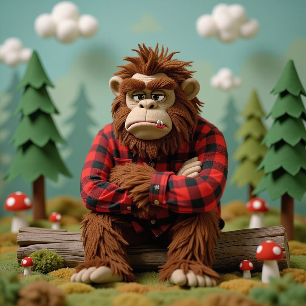 Pouty Sasquatch Puppet in Whimsical Forest Diorama