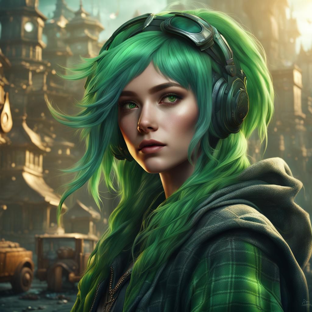 Green Plaid Hair Girl: Detailed Fantasy Art
