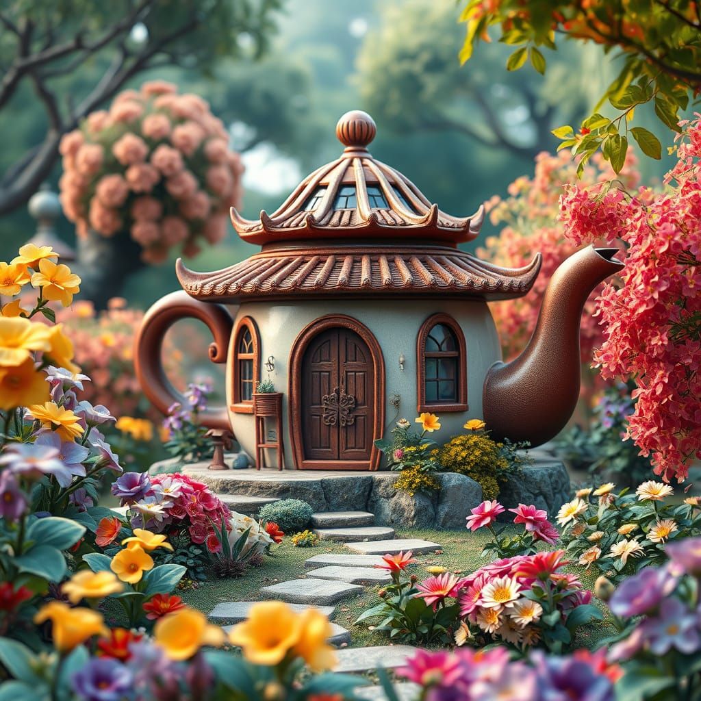 Whimsical Chinese Teapot House in Cartoon Garden