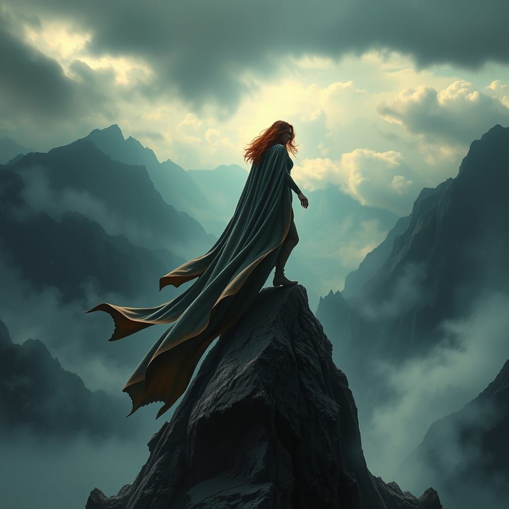 Woman on Mountain Peak in Digital Art Style