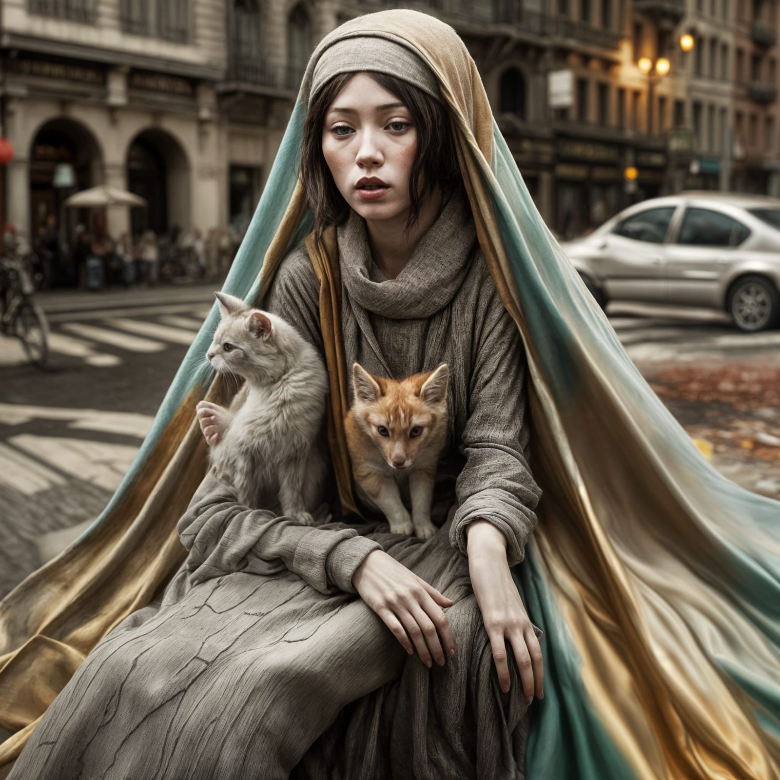 Polychromatic Cityscape with Alien Pets in Hyperrealism