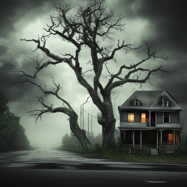Shuttered two story house on dead end street dead trees overgrown gray black gloomy dark grimy deep color hyperrealism m...
