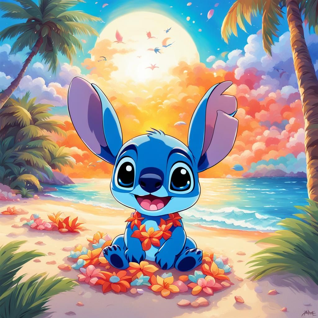 Adorable Chibi Stitch on Tropical Beach, Anime Art