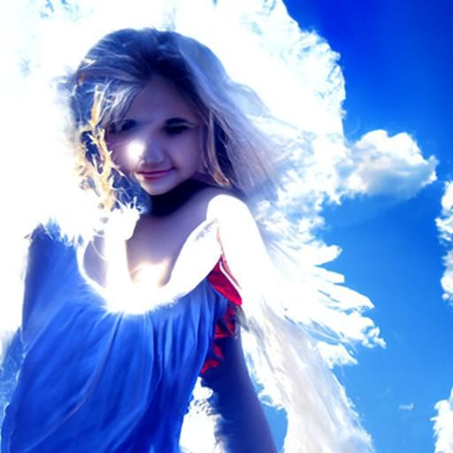 Angelic Girl in Red Dress Amidst Heavenly Clouds