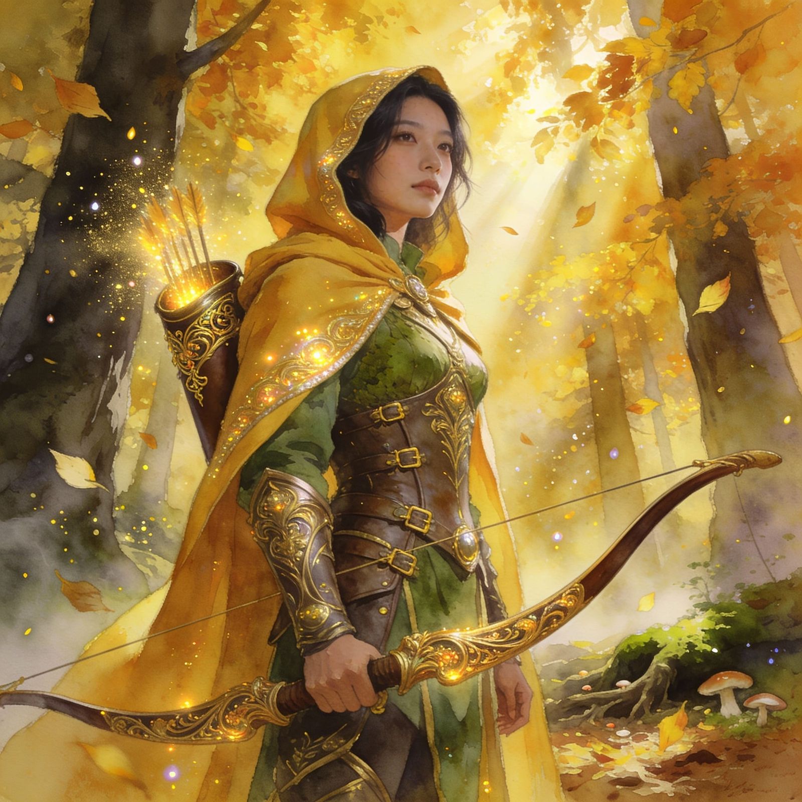 Heroic Huntress in Golden Autumn Forest