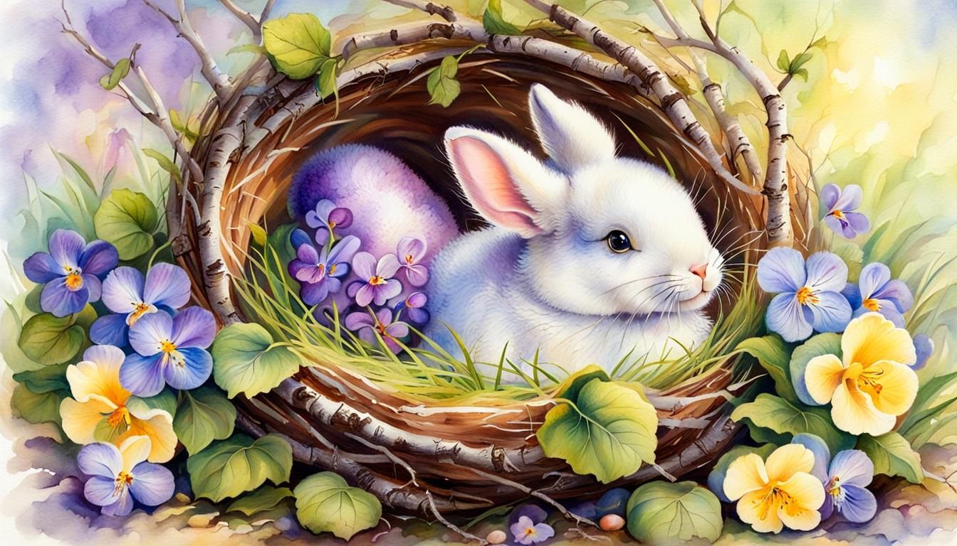 Whimsical Easter Bunny and Eggs Painting