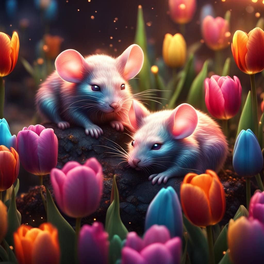 Rainbow Mice Sleeping Inside Glowing Tulips