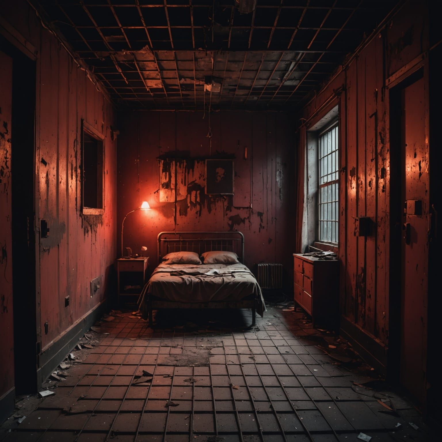 Dystopian Hotel Room in Rustic Metal