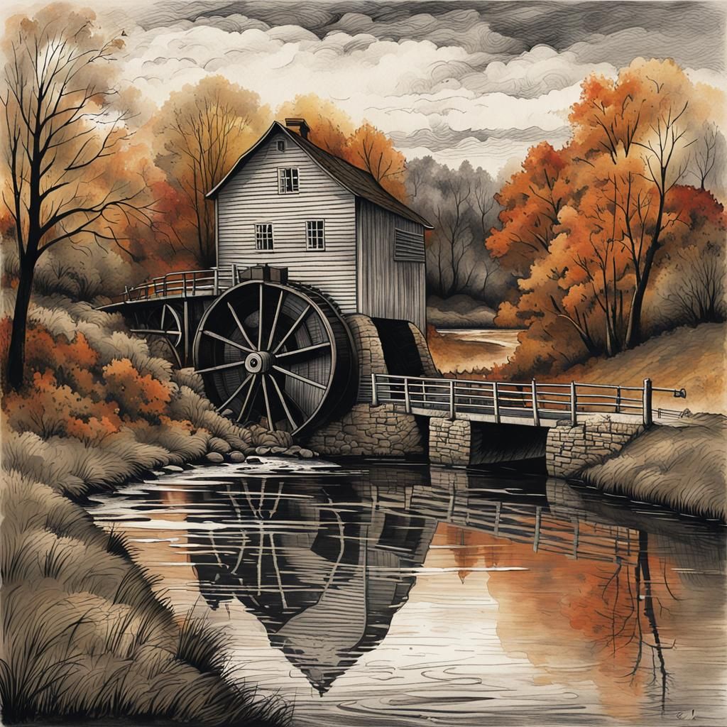 Autumn Mill by River in Constable Style Etching