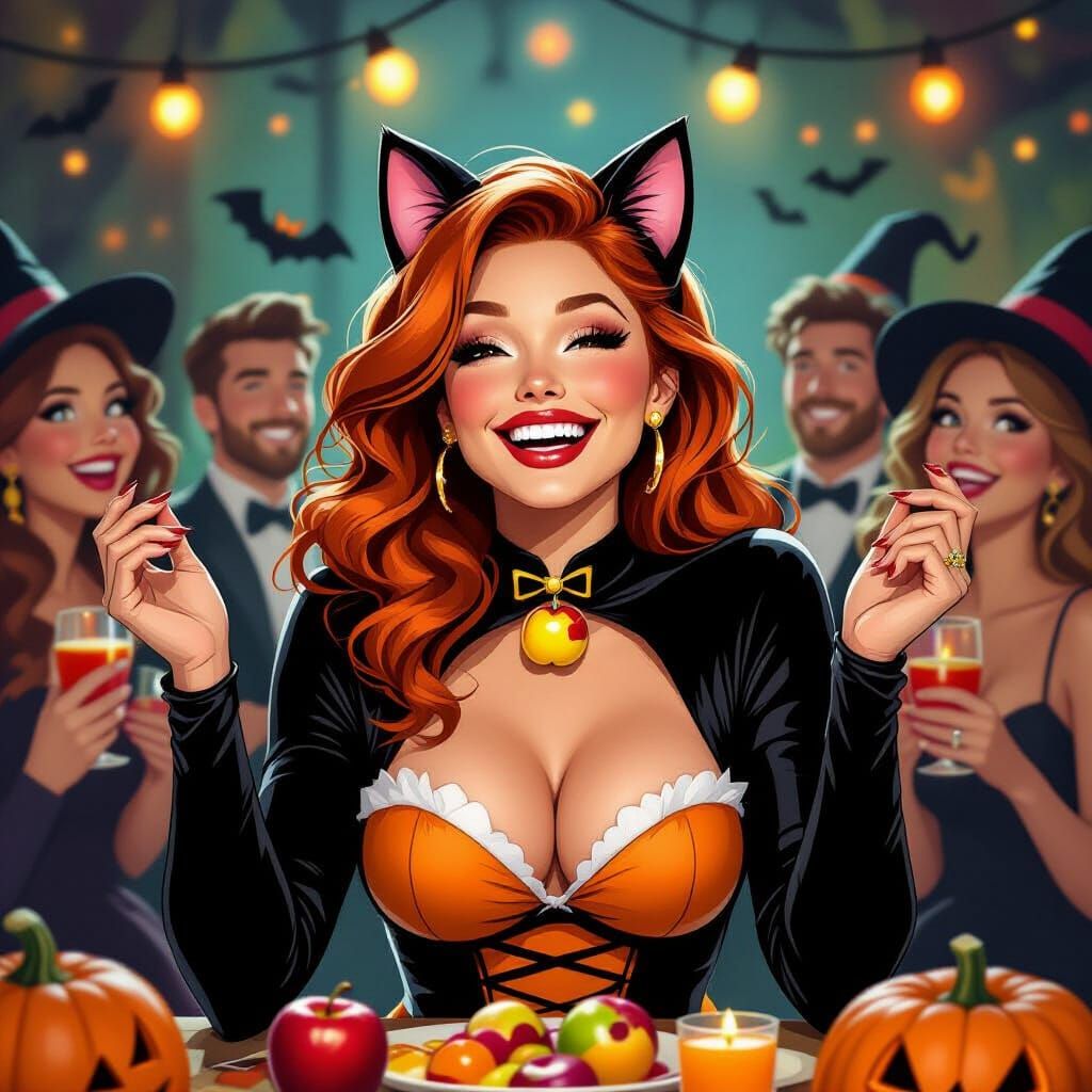 Ginger Woman in Cat Costume Bobs for Apples at Halloween Par...
