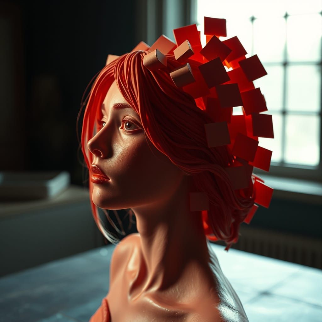 Young Woman Transforms into Digital Realm in Vibrant Clay Sc...