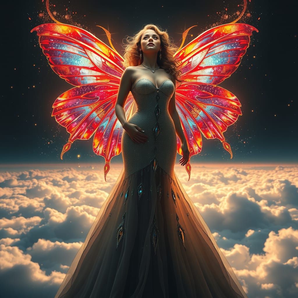 Curvy Woman with Flaming Wings Above Clouds