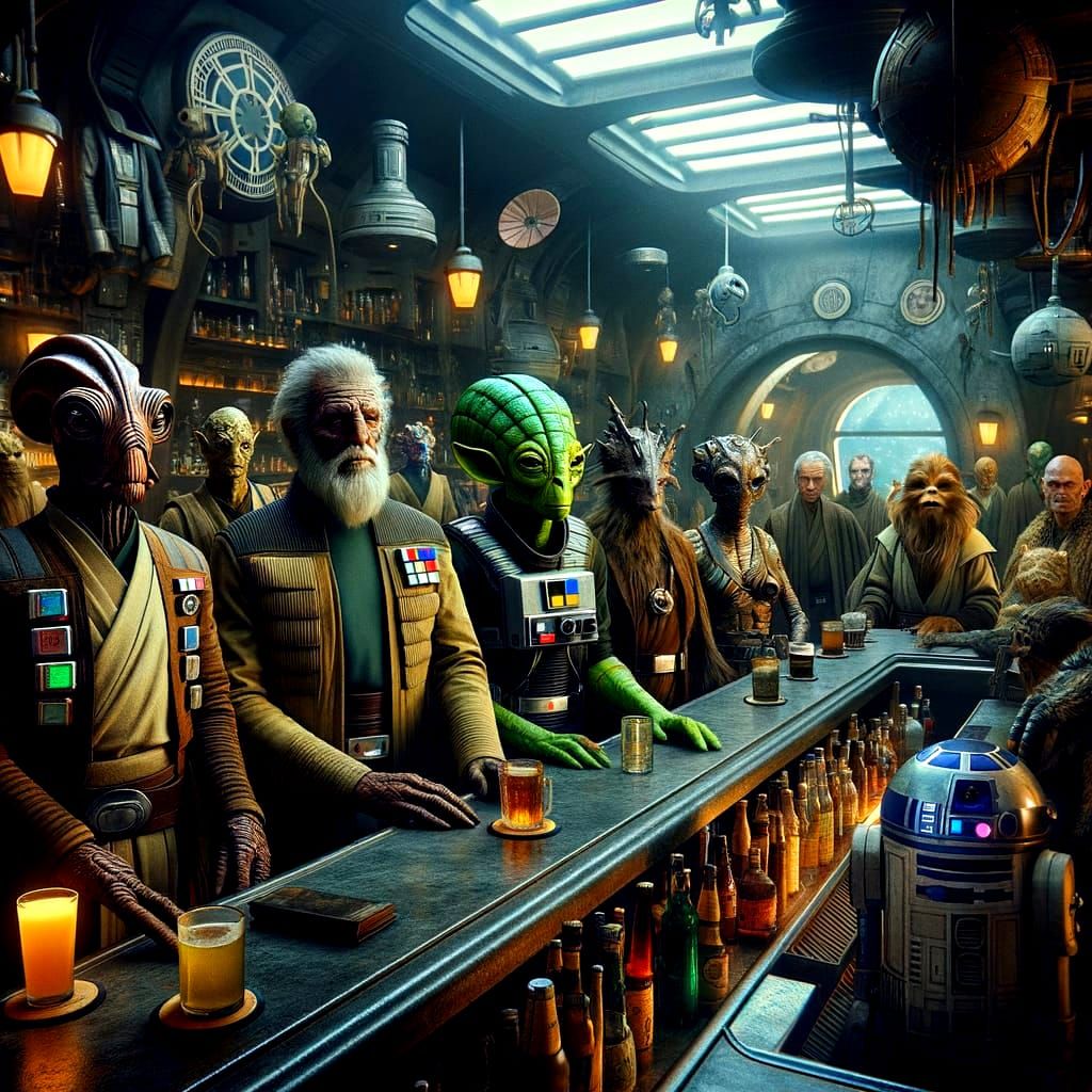 Lively Intergalactic Cantina Scene in a Vibrant Cyberpunk Ae...
