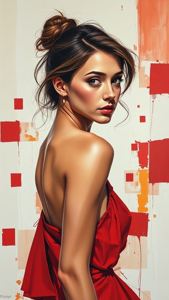Woman in a Red Dress with Abstract Geometric Shapes