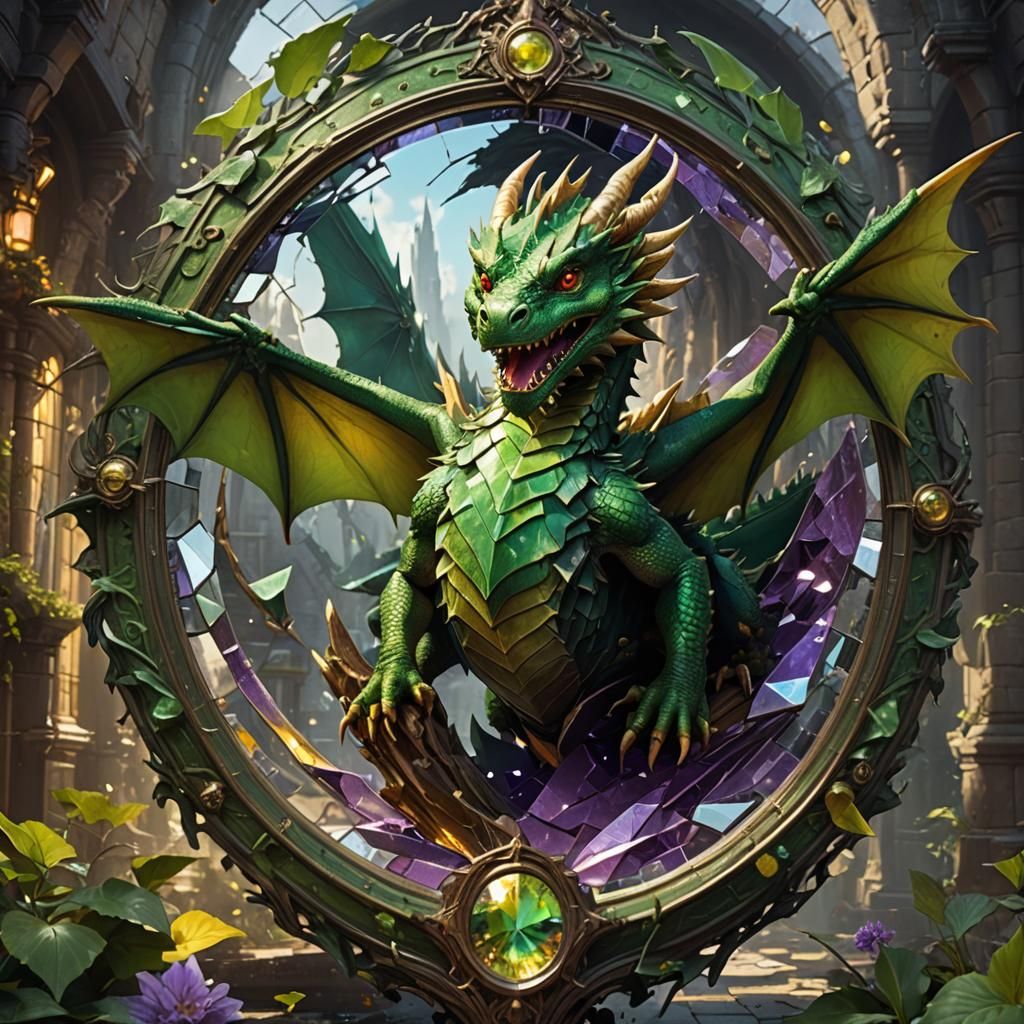 Green Dragon Flies Through Shattered Mirror