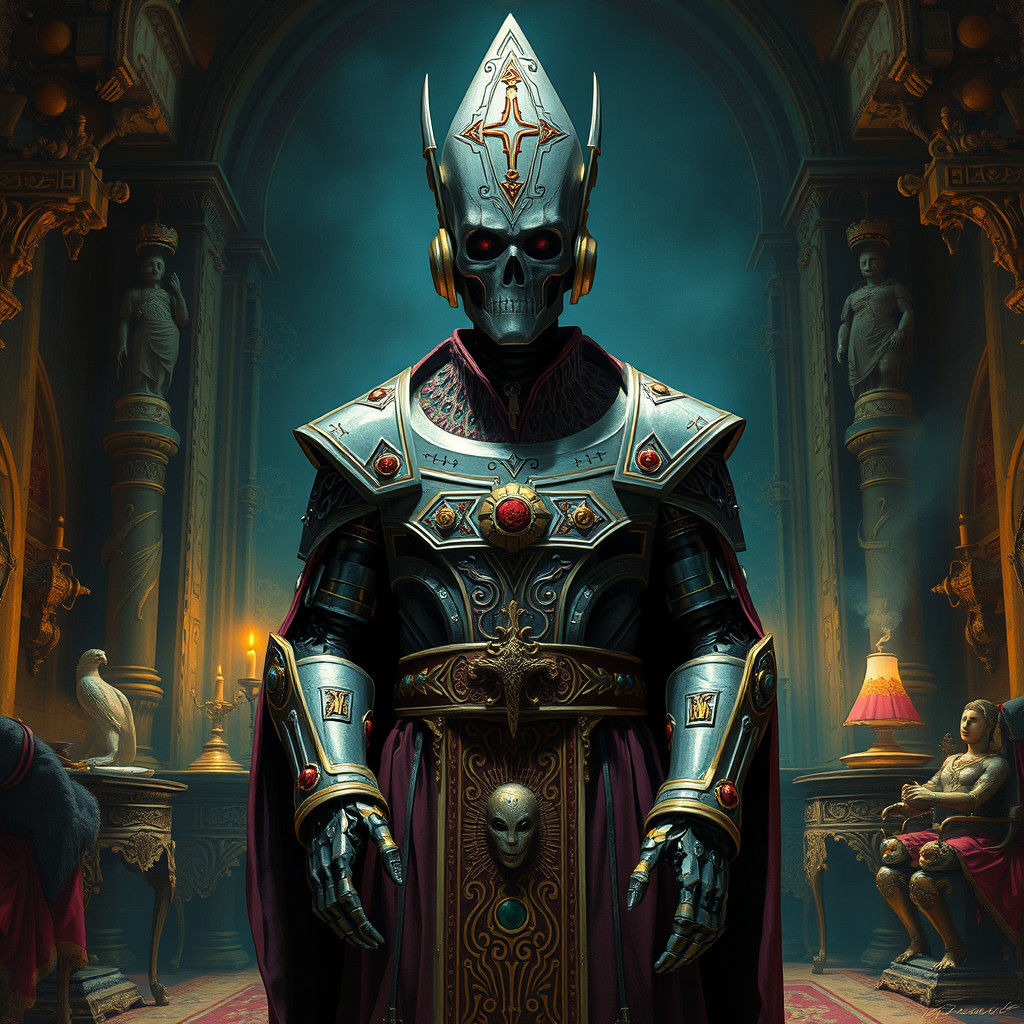 Robotic Priest in Ornate Chamber: A Gouache Painting