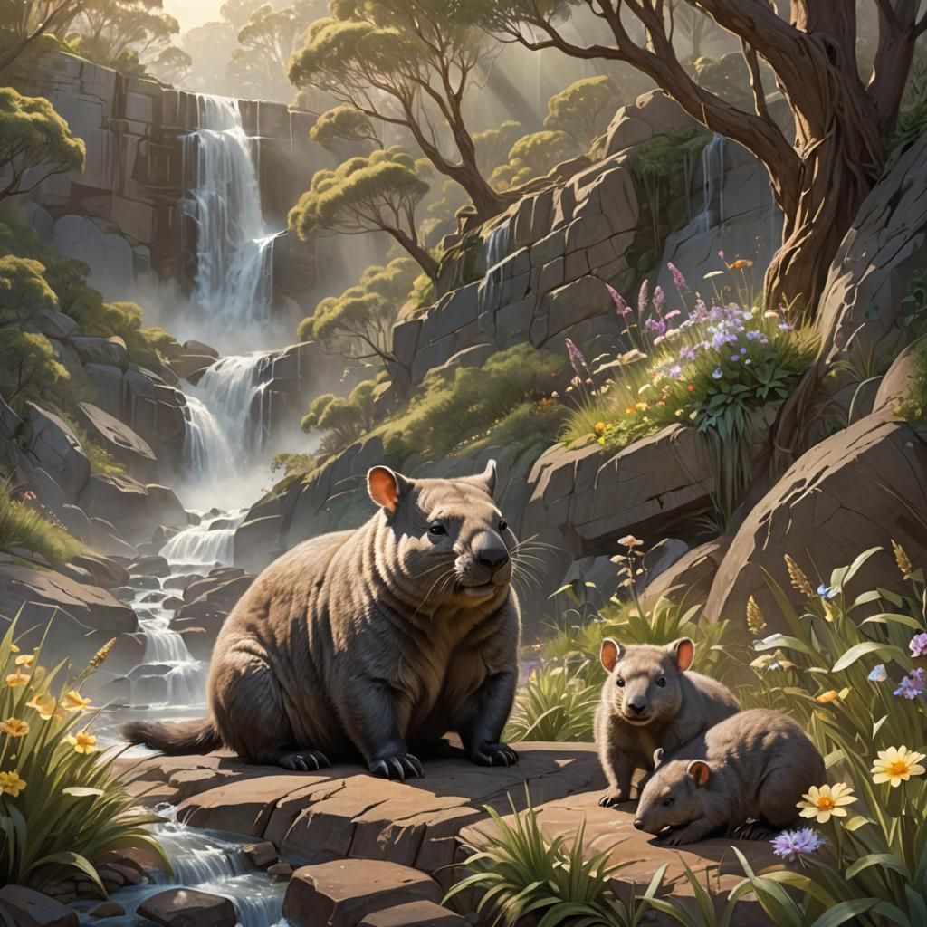 Wombats Playing by Waterfall in Fantasy Style