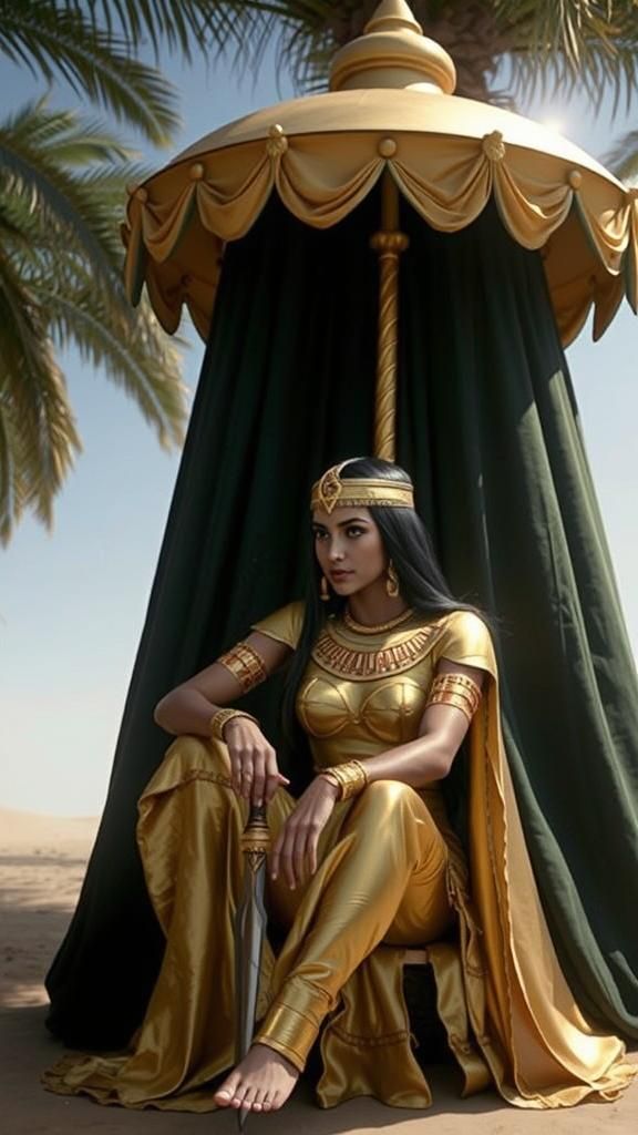 Cleopatra shading under palm trees