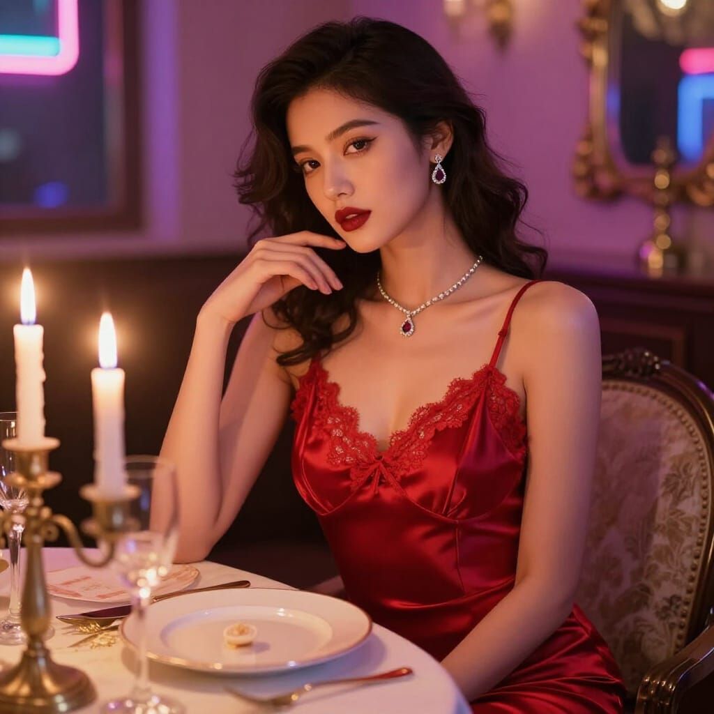 Elegant Woman in Red Satin Dress, Candle-Lit Luxury